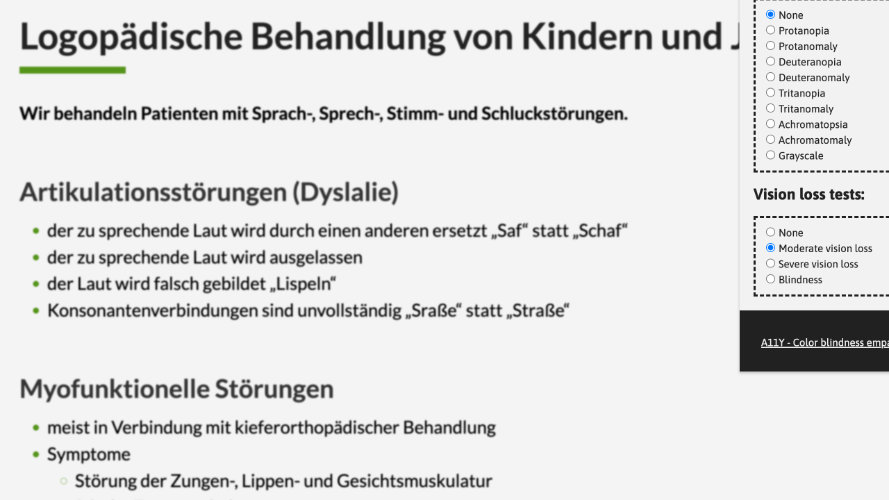 Screenshot einer Webseite mit Simulation von moderatem Sehverlust.